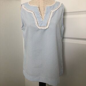 Papagallo Seer Sucker Blue Sleeveless Top with White Trim